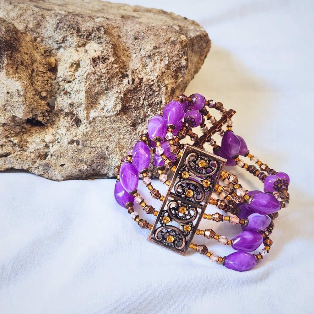 Boho Amethyst & Brass Multi-Strand Bracelet | Bohemian Statement Piece | Stretch